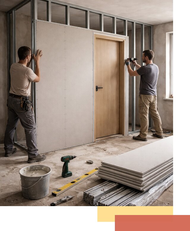 Перегородка из гипсокартона с дверью под ключ в Тихвине