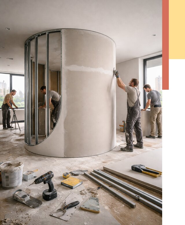 Радиусная перегородка из гипсокартона в Тихвине от 3169 руб. под ключ | ОТДЕЛОЧНИК-Тхв