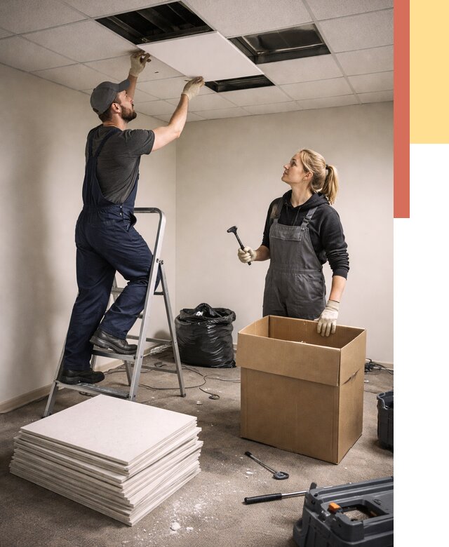 Демонтаж потолочной плитки в Тихвине от 4918 руб. быстро и недорого | ОТДЕЛОЧНИК-Тхв