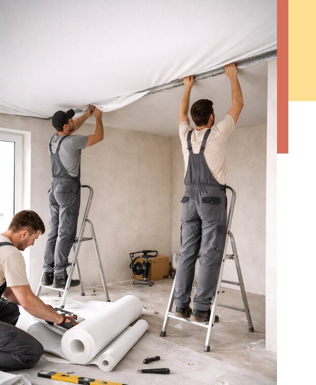 Монтаж тканевого натяжного потолка в Тихвине от 3825 руб. под ключ | ОТДЕЛОЧНИК-Тхв