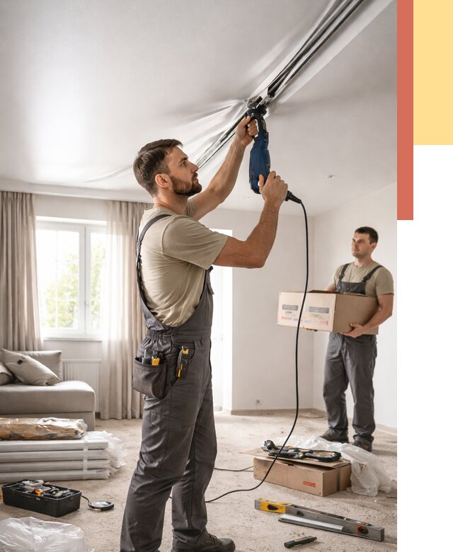 Монтаж сатинового натяжного потолка в Тихвине от 3825 руб. | Быстро, недорого — ОТДЕЛОЧНИК-Тхв