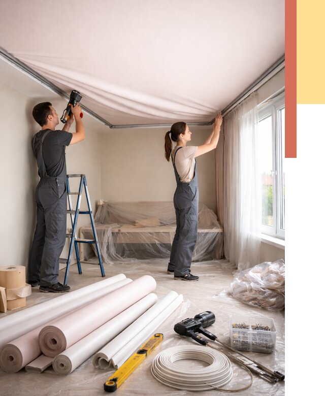 Монтаж цветного натяжного потолка в Тихвине от 4590 руб/м² — быстро и недорого | ОТДЕЛОЧНИК-Тхв