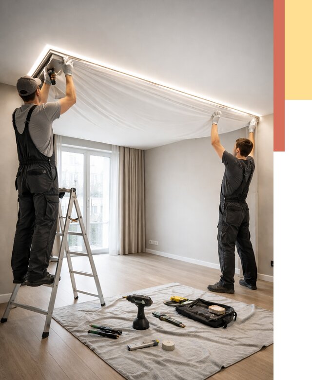 Монтаж парящего натяжного потолка в Тихвине от 4918 руб. быстро и недорого | ОТДЕЛОЧНИК-Тхв