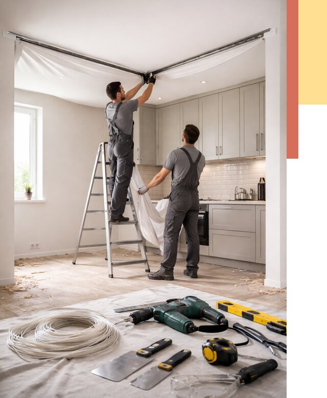 Установка натяжного потолка на кухне в Тихвине от 2623 руб. | ОТДЕЛОЧНИК-Тхв