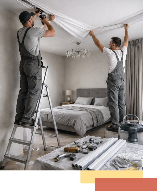 Монтаж натяжного потолка в спальне в Тихвине