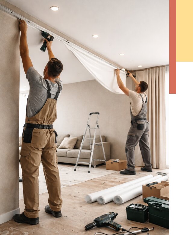 Монтаж натяжного потолка в гостиной в Тихвине от 601 руб. | ОТДЕЛОЧНИК-Тхв