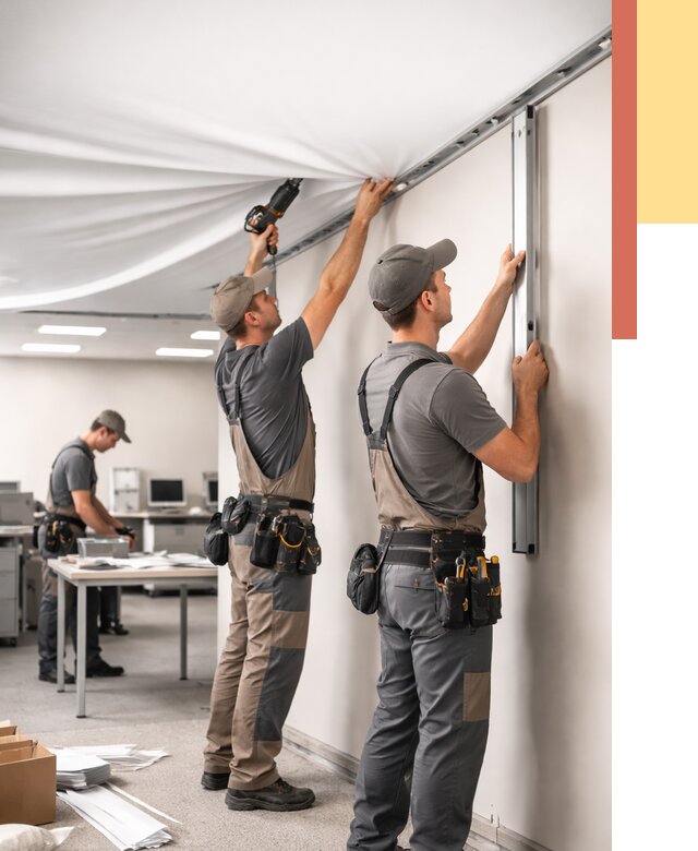 Монтаж натяжного потолка в офисе в Тихвине от 492 руб/м² — быстро и недорого | ОТДЕЛОЧНИК-Тхв