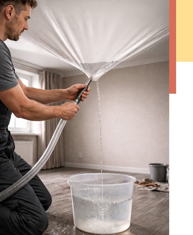 Слив воды с натяжного потолка в Тихвине от 2732 руб. быстро и недорого | ОТДЕЛОЧНИК-Тхв