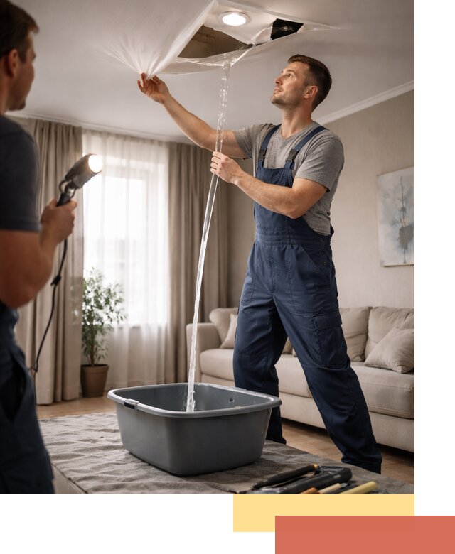 Слив воды с натяжного потолка в Тихвине быстро и аккуратно