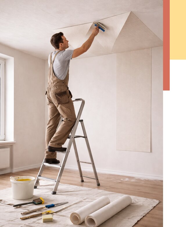 Поклейка обоев на потолок в Тихвине от 4918 руб. быстро и недорого | ОТДЕЛОЧНИК-Тхв